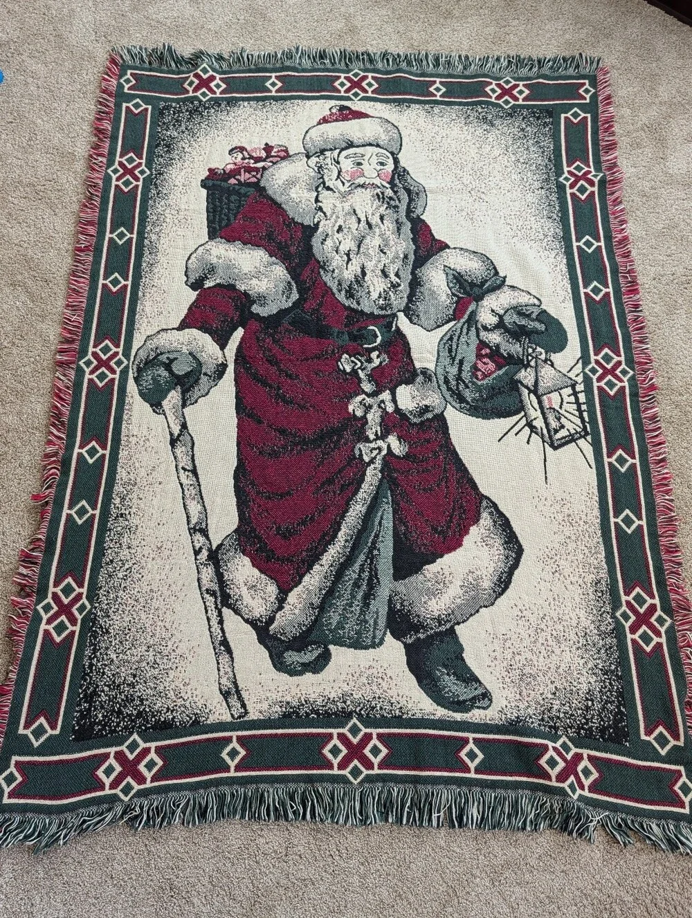 Vintage Festive Santa Holiday Throw Blanket - Red & Green 47